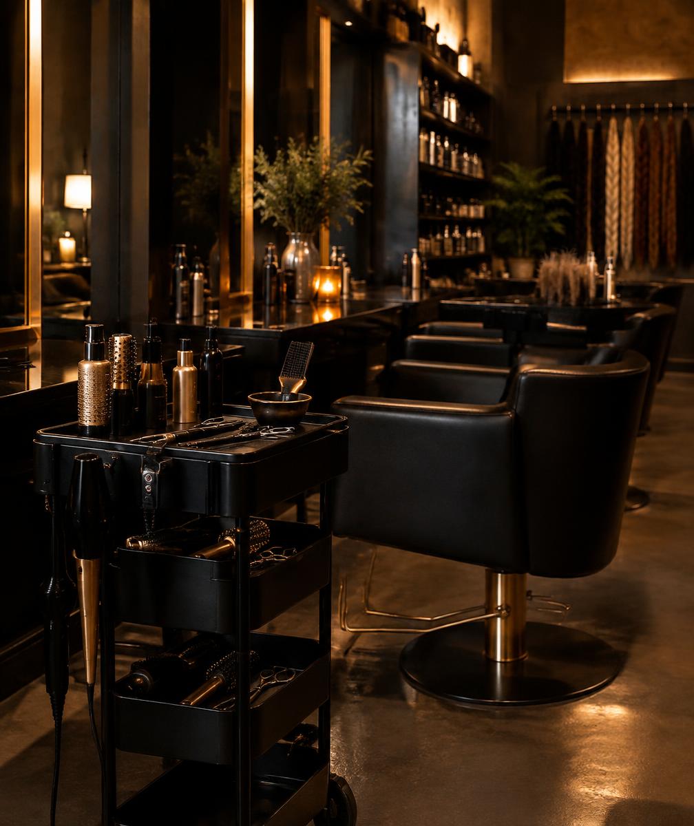 Dark, warmly lit hair and braiding salon with styling tools