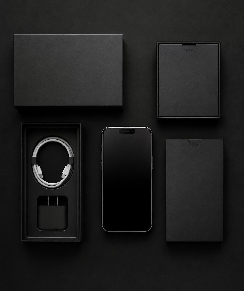 Minimal black product packaging and a smartphone on a charcoal surface