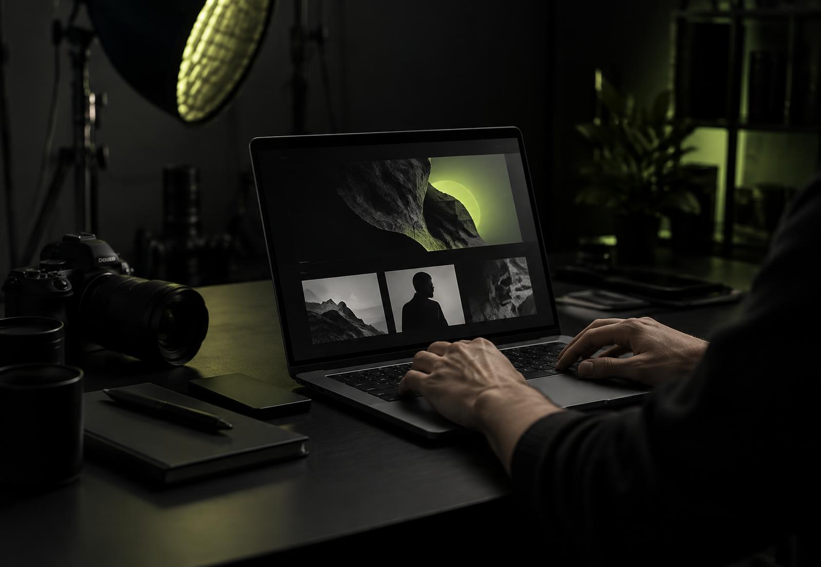 Creative workstation with a laptop showing a design layout