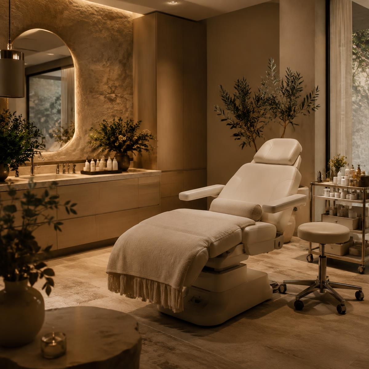Calm, softly lit med spa treatment room with a treatment chair